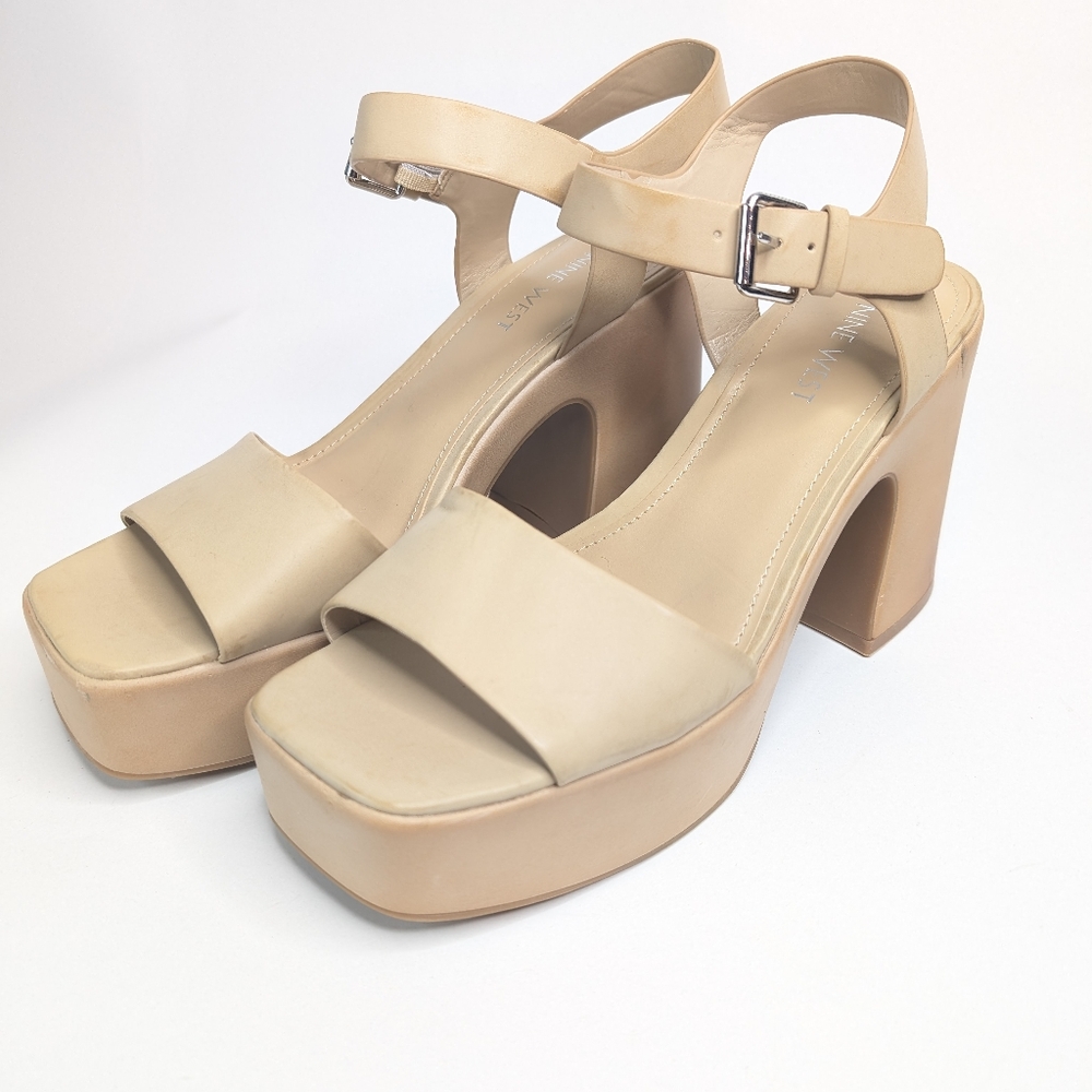 Nine West Platform Tan Sandals Block Heels Neutral Beige Womens - Size 9